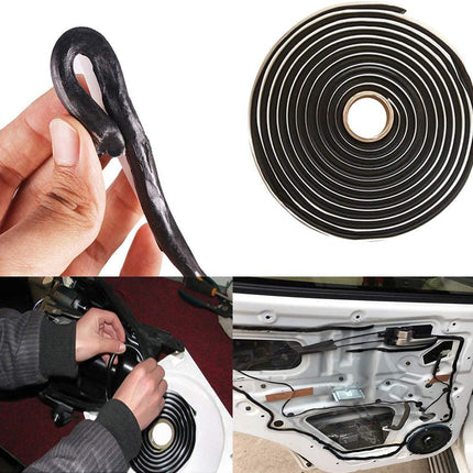 Black rubber seal strip with a hand holding it, close-up of the strip, and application on car door panel.