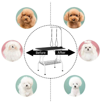 Before and after grooming process with a dog grooming table and images of dogs on either side.