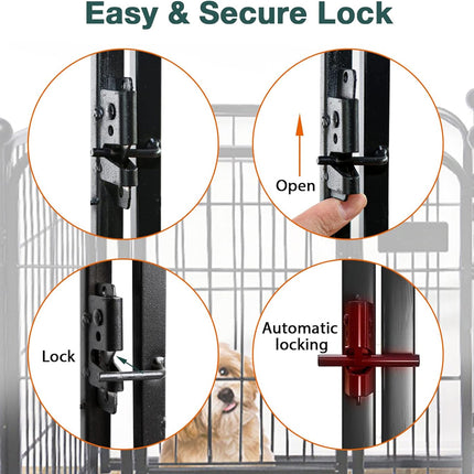 Dog crate with lock mechanism and a dog peeking out, labeled 'Easy & Secure Lock'.