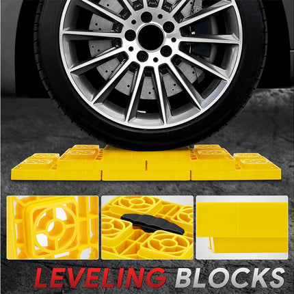 Yellow plastic leveling blocks shown with a car wheel above them, plus three detail inset images and the text 'LEVELING BLOCKS' at the bottom.