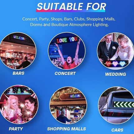 A blue promotional graphic with the headline 'SUITABLE FOR' and six circular example photos showing LED party lights in use at bars, concerts, weddings, parties, shopping malls, and cars.