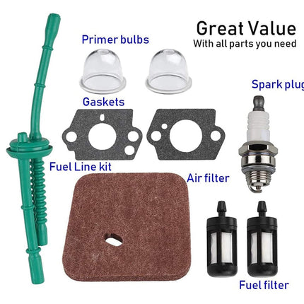 Set of lawn mower parts including a fuel line kit, gaskets, air filter, spark plug, and fuel filter on a white background.