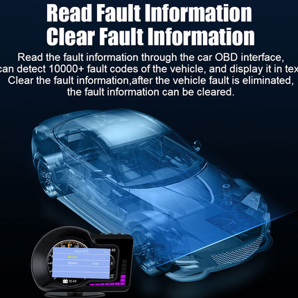 Car diagnostic tool with text on fault information and OBD interface.