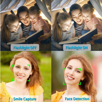 Comparison of a woman with a child reading a book with flashlight on/off and face detection.