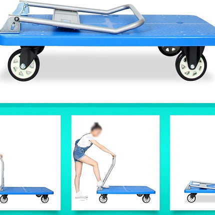 Blue platform truck with wheels on a white background, shown from multiple angles.
