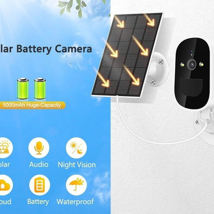 Solar battery camera with features listed on a blue and white background
