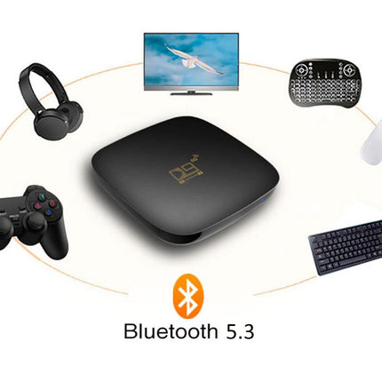 Black electronic device with Bluetooth 5.3 connectivity, surrounded by gaming accessories on a white background.