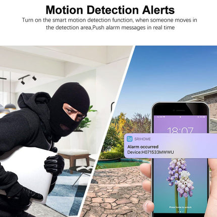 Smart home security system with motion detection alerts, showing a burglar and a smartphone with an alarm notification.
