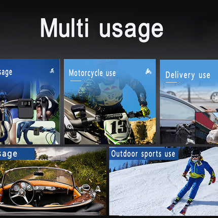 Collage of images showing various uses of a product including bicycle, motorcycle, delivery, car, and outdoor sports.