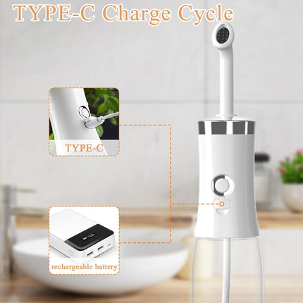 A white oral irrigator with a charging cable shown next to two inset diagrams explaining a TYPE-C charge cycle, including a close-up of the charging port and a portable rechargeable battery, set against a blurred bathroom background.