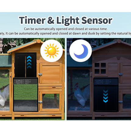 Wooden chicken coop with timer and light sensor features, showing daytime and nighttime operation.