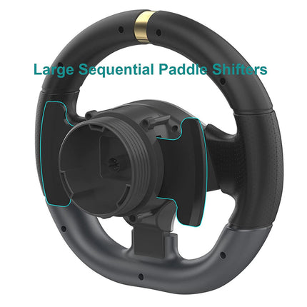 Black steering wheel with large sequential paddle shifters on a white background