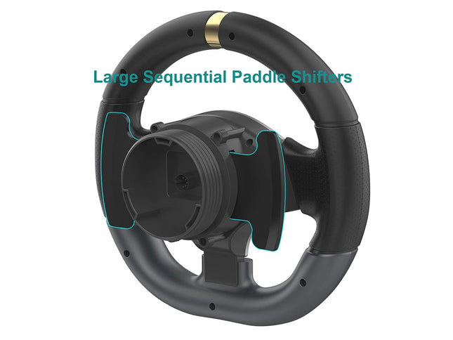 Black steering wheel with large sequential paddle shifters on a white background