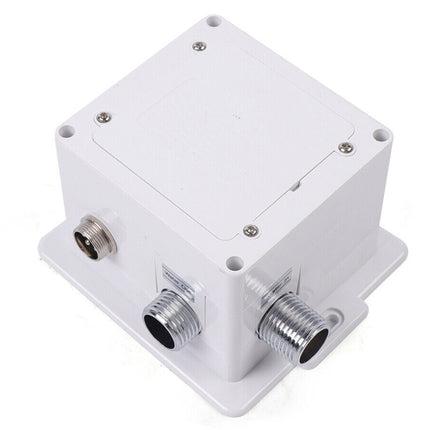 A white metal electronic junction box with two threaded RF connectors, shown on a plain white background.