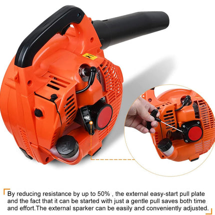 Orange and black leaf blower with close-up of pull cord on a white background