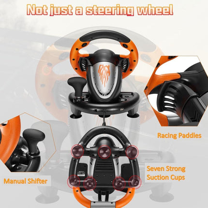 Racing steering wheel with manual shifter and suction cups on a white background