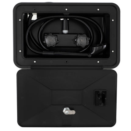 Black marine or outdoor utility storage box shown open, with coiled black hoses and fittings inside the upper compartment and a latch closure visible on the lower compartment.
