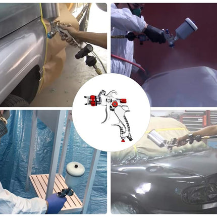 Collage of car painting process with a spray gun illustration.