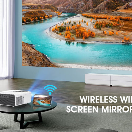 Projector displaying a scenic landscape with 'Wireless WiFi Screen Mirroring' text.