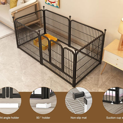 Pet playpen with various holders and features on a tiled floor.