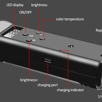 Close-up of a black vape device with red callout lines labeling parts such as LED display, ON/OFF, brightness-, color temperature, rope mouth, charging port, charging indicator, and 1/4 interface on a dark gray background.