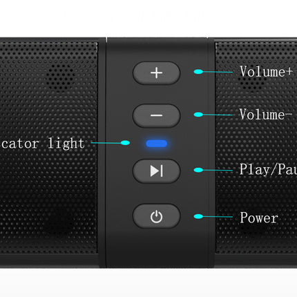 Black speaker with control buttons labeled for volume, play/pause, power, and indicator light.