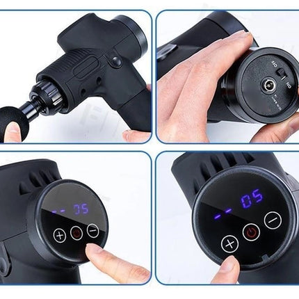 A four-panel collage showing a black handheld massage gun in use: one panel shows the massage head attachment, one shows hands holding the device and turning a round switch, one shows the front display with buttons, and one shows the display with a countdown timer.