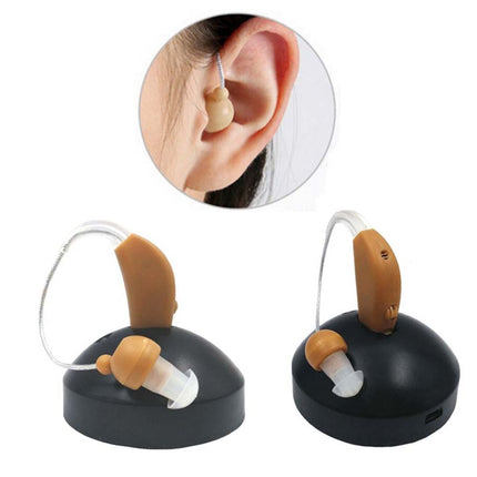 Two hearing aids with a close-up inset of an ear wearing one of them on a white background.
