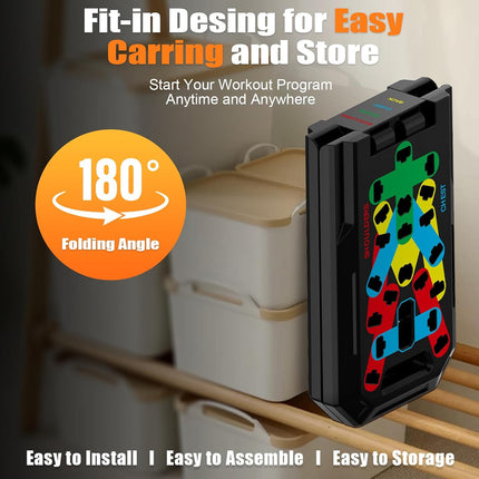 Multicolored fitness device with text about ease of use and storage on a blurred background
