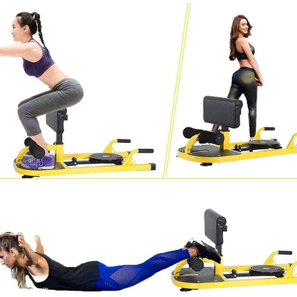 Woman using a yellow exercise machine in different positions on a white background