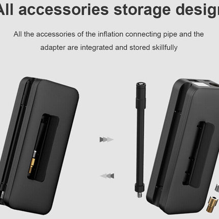 A product diagram showing a black inflation storage case with accessories arranged around it on a light gray background. Text at the top reads 'All accessories storage design' and describes integrated storage for the inflation connecting pipe and adapter.