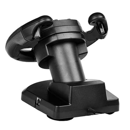A black flight simulator joystick controller with a base mount, shown on a plain white background.