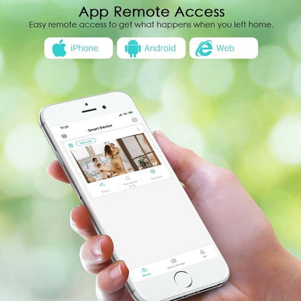 A hand holding a white smartphone showing a remote access app screen, with text above reading 'App Remote Access' and icons for iPhone, Android, and Web on a blurred green background.