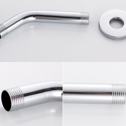 A polished chrome shower or faucet pipe adapter with a matching round washer, shown from multiple angles on a clean white background.