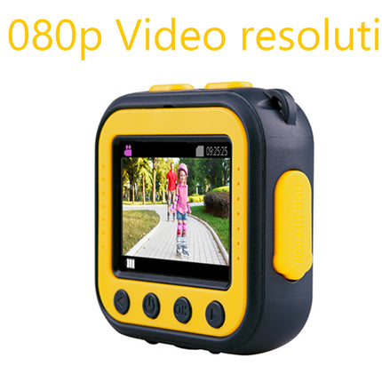 A rugged yellow and black handheld video camera with a screen showing a child walking outdoors, with the text '1080p Video resolution' in yellow at the top on a white background.