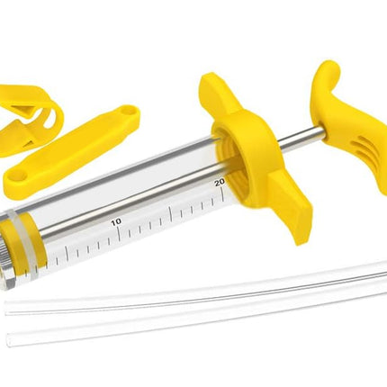 Yellow and clear syringe-like tool with components on a white background