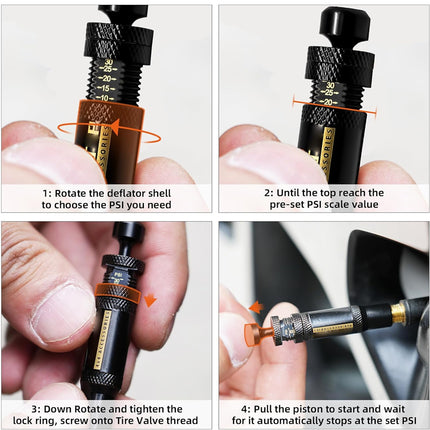 Four-panel instructional diagram showing how to use a tire pressure pump with step-by-step text labels: selecting PSI by rotating the deflator shell, reaching the preset PSI value, tightening the lock ring onto the tire valve thread, and starting the pump.