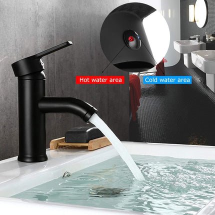 Black faucet with water flowing into a sink, labeled for hot and cold water areas.