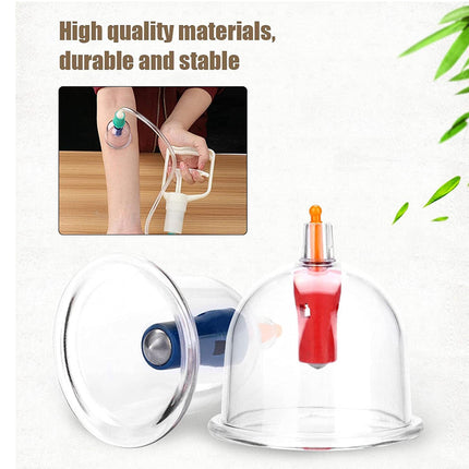 Cupping therapy device with a close-up of a hand holding it, on a white background with text about material quality.