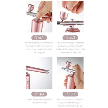 A four-step instructional graphic showing a hand using a small pink spray gun to apply liquid from a bottle. The layout has four panels labeled Step1 through Step4 on a white background.