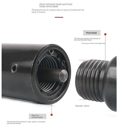 Technical diagram of a rust removal head and host head with measurements and text labels.