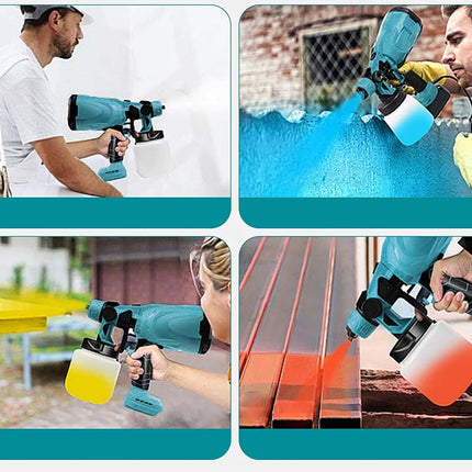 A four-panel collage showing a teal and black spray gun being used by people to paint surfaces, with blue, yellow, and orange paint visible in each panel.