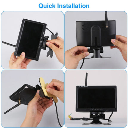 Step-by-step guide on installing a small monitor with quick installation text above.