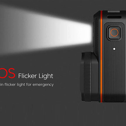 Black flashlight with SOS flicker light feature on a dark background
