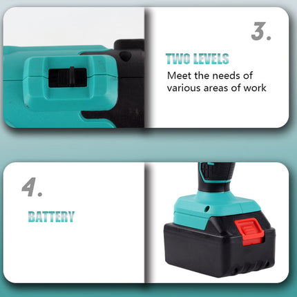Teal and black power drill with battery pack on a light blue background