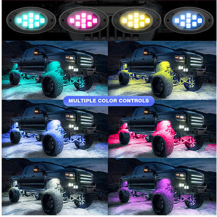 A collage showing four sets of LED undercarriage light bars mounted above four lifted trucks, each set demonstrating a different color: cyan, pink, yellow, and blue. Below the top row, a blue banner reads 'MULTIPLE COLOR CONTROLS'.