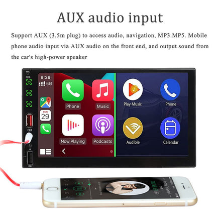 Car multimedia system with smartphone connection and AUX audio input on a white background