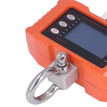 Orange digital weight indicator with a metal hook on a white background