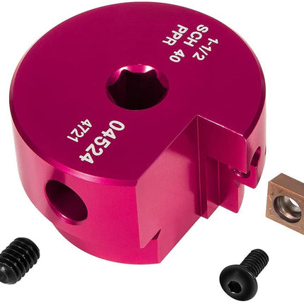 Pink metal component with screws on a white background