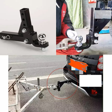 Collage of a trailer hitch and towing setup with a person using tools.
